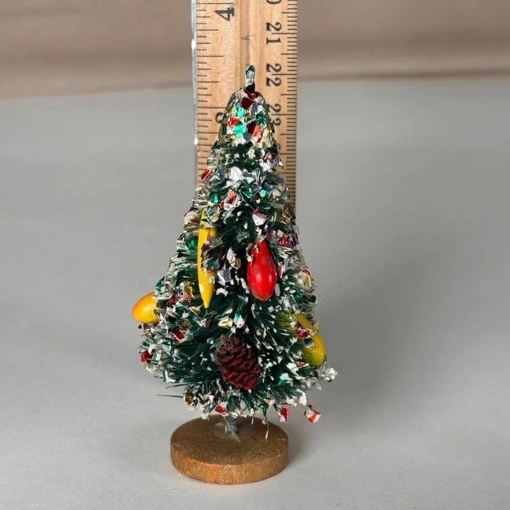 Vintage MCM Christmas Tree Bottle Brush Fruit Pinecone Miniature Wood Base 3.75